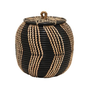 Hand-Woven Rattan Basket with Lid, Black & Natural