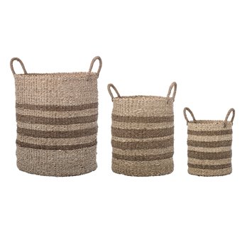 Brown Striped Natural Seagrass & Palm Baskets with Handles (Set of 3 Sizes)