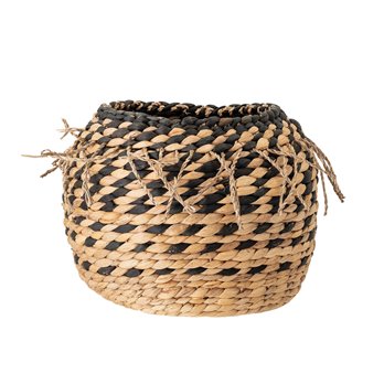 Handwoven Natural Water Hyacinth Basket with Braided Fringe