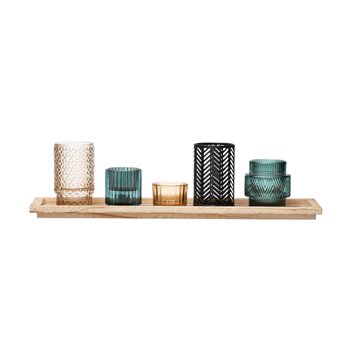Embossed Glass & Metal Tealight/Votive Holders on Rectangle Wood Tray (Set of 6 Pieces)