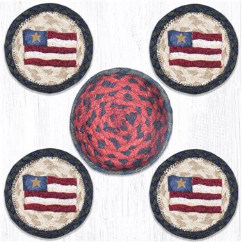 Primitive Star Flag Braided Coasters in a Basket 5"x5" Set of 4