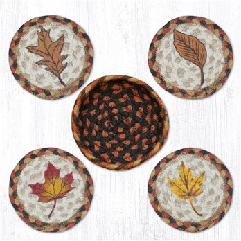 Fall Harvest Leaf Braided Coasters in a Basket 5"x5" Set of 4