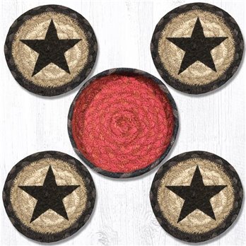 CNB-238 Black Star Braided Coasters in a Basket 5"x5" (Set of 4)