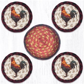 Rustic Rooster Braided Coasters in a Basket 5"x5" Set of 4