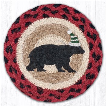 Bear Green Stripe Hat Round Large Braided Coaster 7"x7" Set of 4