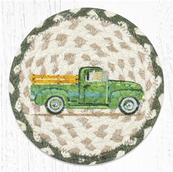 Vintage Green Truck Round Large Braided Coaster 7"x7" Set of 4