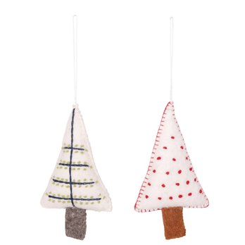 Embroidered Wool Felt 6" Tree Ornaments Assorted Set of 2