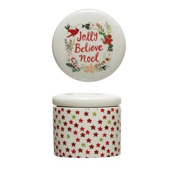 Holiday Stoneware Container with Lid - Jolly Believe Noel