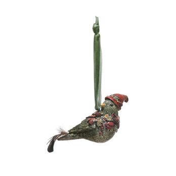 Resin Bird Ornament with Feather - Green