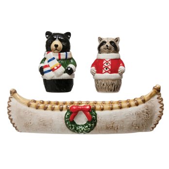 Holiday Bear and Raccoon in a Canoe Salt & Pepper 3 Piece Set