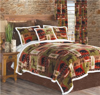 Carstens Patchwork Lodge Rustic Cabin 4-Piece Sherpa Fleece Bedding Set, King