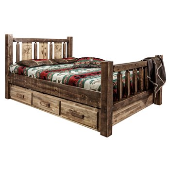 Homestead Cal King Storage Bed w/ Laser Engraved Bear Design - Stain & Clear Lacquer Finish