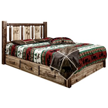 Homestead Cal King Platform Bed w/ Storage & Laser Engraved Bear Design - Stain & Clear Lacquer Finish