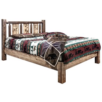 Homestead Full Platform Bed w/ Laser Engraved Bear Design - Stain & Clear Lacquer Finish