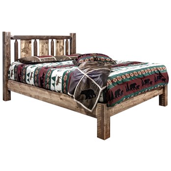 Homestead Full Platform Bed w/ Laser Engraved Wolf Design - Stain & Clear Lacquer Finish