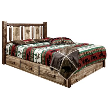 Homestead Full Platform Bed w/ Storage & Laser Engraved Pine Design - Stain & Clear Lacquer Finish
