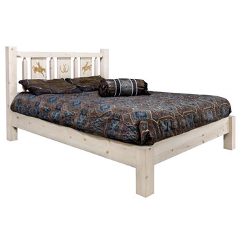 Homestead Queen Platform Bed w/ Laser Engraved Bronc Design - Clear Lacquer Finish