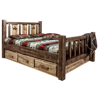 Homestead Queen Storage Bed w/ Laser Engraved Bronc Design - Stain & Clear Lacquer Finish