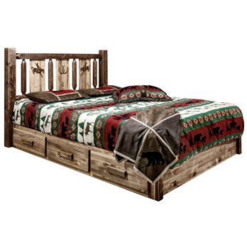 Homestead King Platform Bed w/ Storage & Laser Engraved Bronc Design - Stain & Clear Lacquer Finish