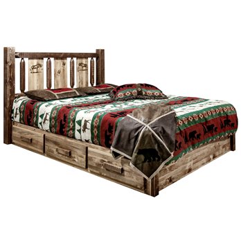 Homestead King Platform Bed w/ Storage & Laser Engraved Moose Design - Stain & Clear Lacquer Finish