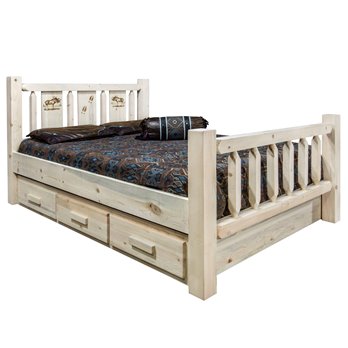 Homestead King Storage Bed w/ Laser Engraved Moose Design - Clear Lacquer Finish