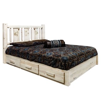 Homestead Full Platform Bed w/ Storage & Laser Engraved Wolf Design - Clear Lacquer Finish
