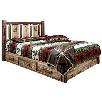 Homestead Queen Platform Bed w/ Storage & Laser Engraved Elk Design - Stain & Clear Lacquer Finish