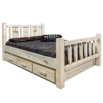 Homestead Cal King Storage Bed w/ Laser Engraved Bronc Design - Clear Lacquer Finish