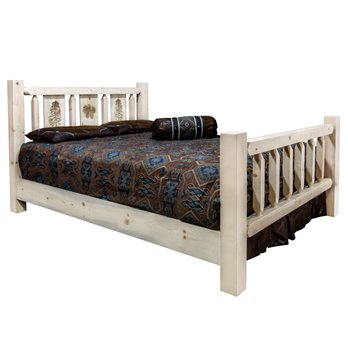 Homestead Cal King Bed w/ Laser Engraved Pine Tree Design - Clear Lacquer Finish