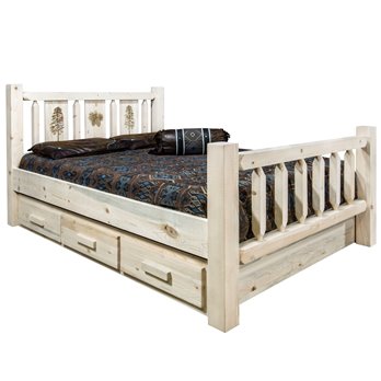 Homestead Cal King Storage Bed w/ Laser Engraved Pine Design - Clear Lacquer Finish