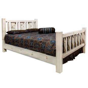 Homestead King Bed w/ Laser Engraved Wolf Design - Clear Lacquer Finish