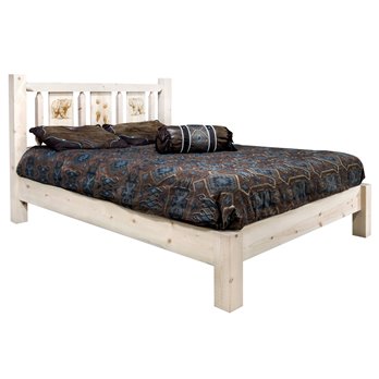 Homestead Twin Platform Bed w/ Laser Engraved Bear Design - Clear Lacquer Finish