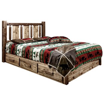Homestead Queen Platform Bed w/ Storage & Laser Engraved Wolf Design - Stain & Clear Lacquer Finish