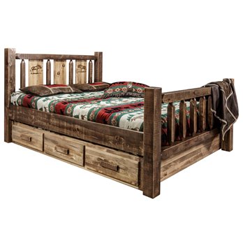 Homestead Queen Storage Bed w/ Laser Engraved Moose Design - Stain & Clear Lacquer Finish