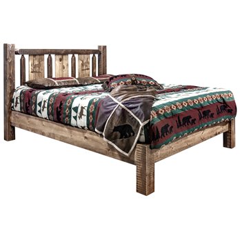 Homestead Queen Platform Bed w/ Laser Engraved Elk Design - Stain & Clear Lacquer Finish