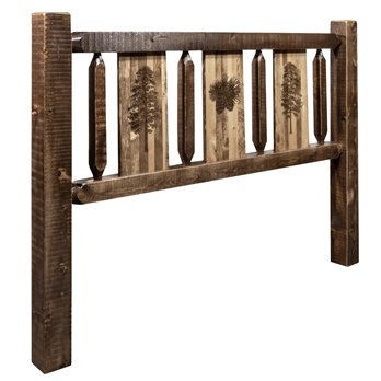 Homestead Twin Headboard w/ Laser Engraved Pine Design - Stain & Clear Lacquer Finish