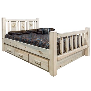 Homestead Full Storage Bed w/ Laser Engraved Bear Design - Clear Lacquer Finish