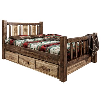 Homestead Cal King Storage Bed w/ Laser Engraved Pine Design - Stain & Clear Lacquer Finish