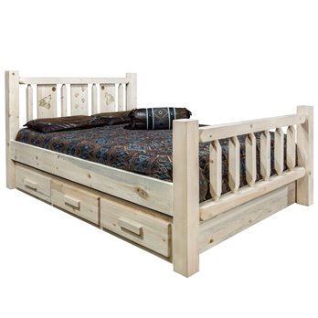 Homestead Cal King Storage Bed w/ Laser Engraved Wolf Design - Clear Lacquer Finish
