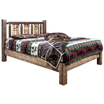 Homestead Cal King Platform Bed w/ Laser Engraved Moose Design - Stain & Clear Lacquer Finish