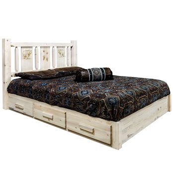 Homestead Cal King Platform Bed w/ Storage & Laser Engraved Bear Design - Clear Lacquer Finish