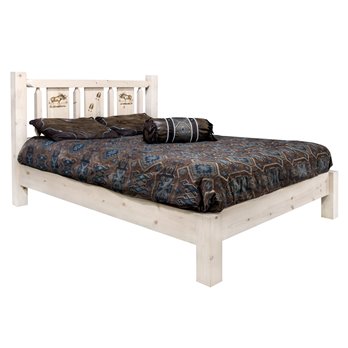 Homestead Queen Platform Bed w/ Laser Engraved Moose Design - Clear Lacquer Finish