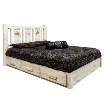 Homestead Twin Platform Bed w/ Storage & Laser Engraved Bronc Design - Clear Lacquer Finish
