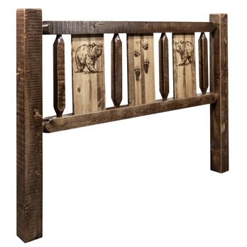 Homestead King Headboard w/ Laser Engraved Bear Design - Stain & Clear Lacquer Finish