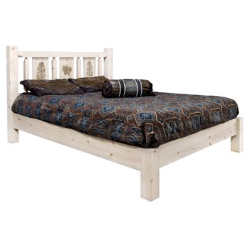 Homestead Cal King Platform Bed w/ Laser Engraved Pine Tree Design - Clear Lacquer Finish