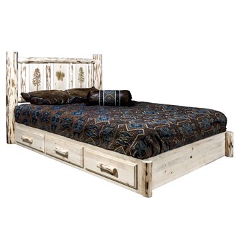 Montana Cal King Platform Bed w/ Storage & Laser Engraved Pine Design - Clear Lacquer Finish