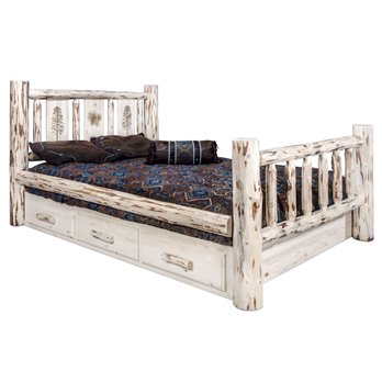 Montana Cal King Storage Bed w/ Laser Engraved Pine Design - Clear Lacquer Finish