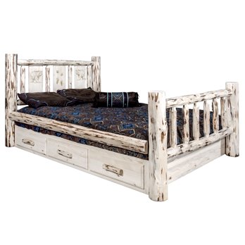 Montana Cal King Storage Bed w/ Laser Engraved Bear Design - Clear Lacquer Finish
