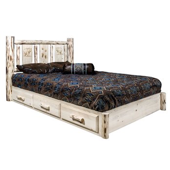 Montana Cal King Platform Bed w/ Storage & Laser Engraved Bear Design - Clear Lacquer Finish