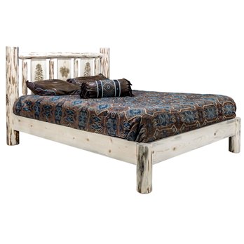 Montana Cal King Platform Bed w/ Laser Engraved Pine Tree Design - Clear Lacquer Finish